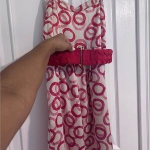 Red and White Patterned Dress with Belt